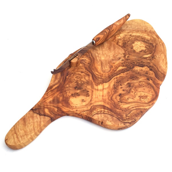 Cheese board with knife holder / with cheese knife, cheese plate, made of olive wood by hand