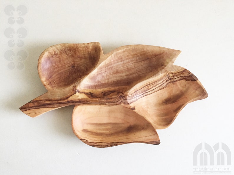 Serving plate 4 compartments in leaf shape, snack plate, nut platter handmade from olive wood image 1