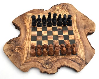 Jeu d'échecs rustique, taille échiquier. M avec pièces d'échecs, en bois d'olivier, fait main, cadeau.