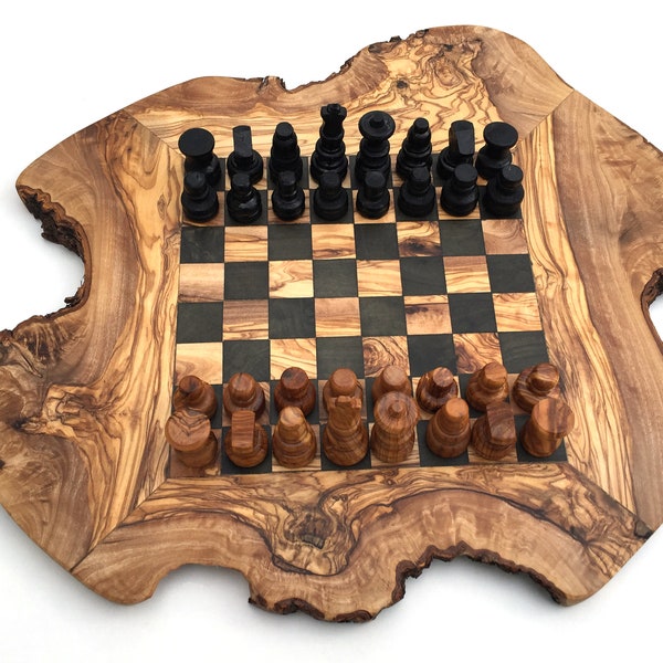 Jeu d'échecs rustique, taille échiquier. M avec pièces d'échecs, en bois d'olivier, fait main, cadeau.