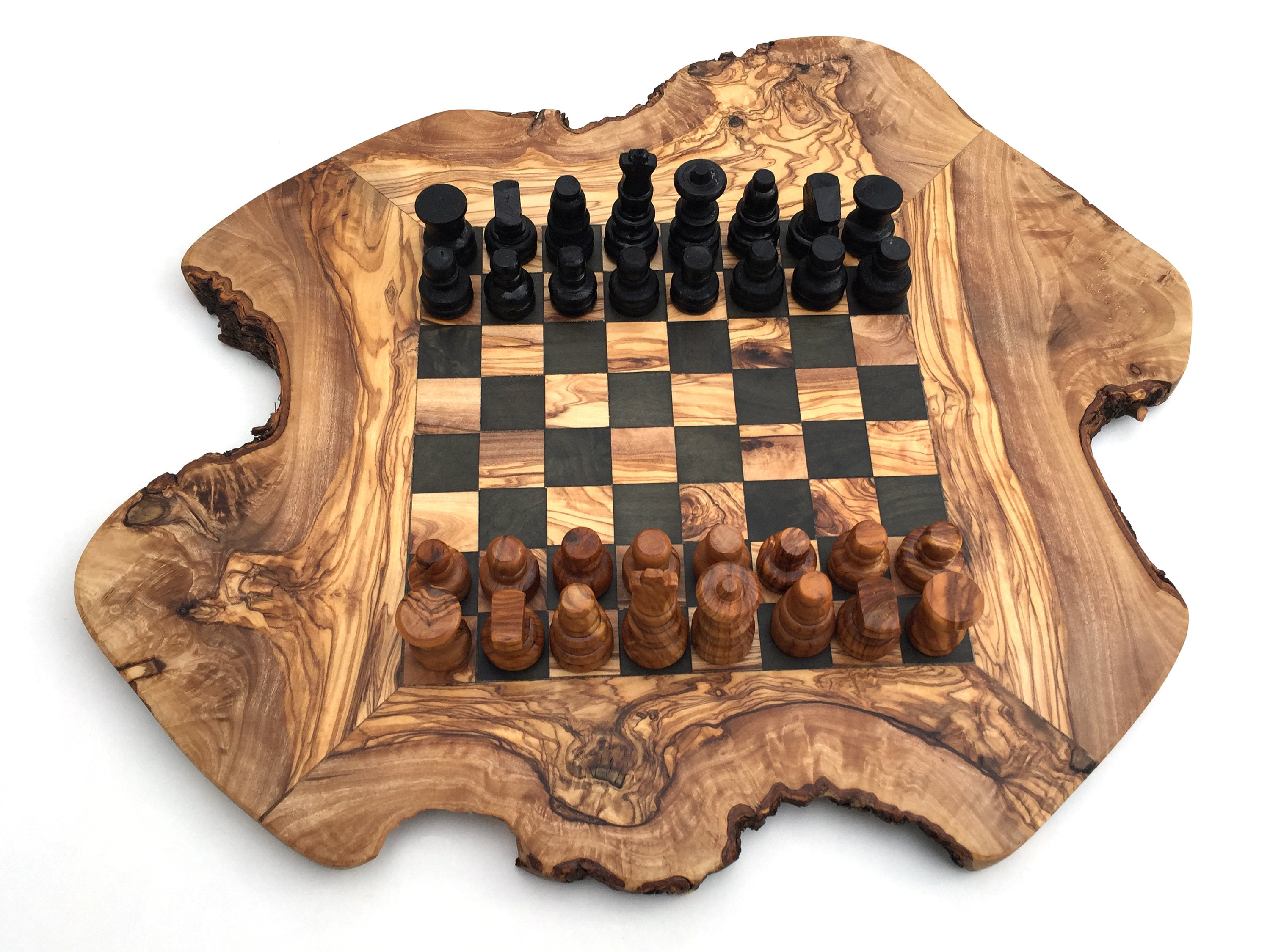 Large Olive wood Chess Board 16 x 16 Rustic Live Edge with 32  hand-crafted chess pieces + handmade Bag for pieces