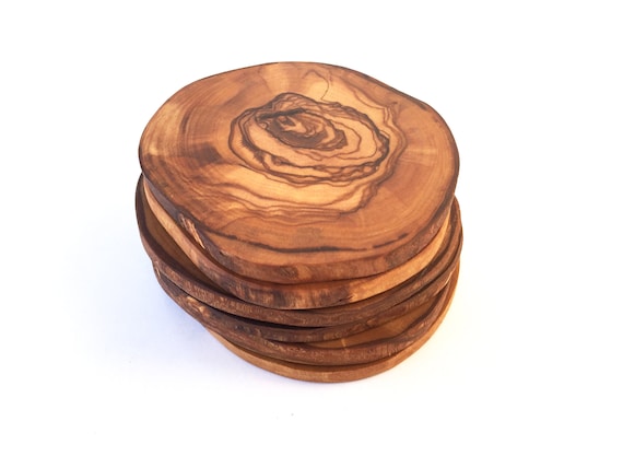 Set of 6 Rustic Coasters, Wooden Glass Coasters, Made From Olive Wood by  Hand 