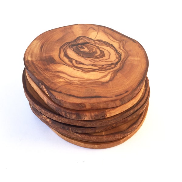 Set of 6 rustic coasters, wooden glass coasters, made from olive wood by hand