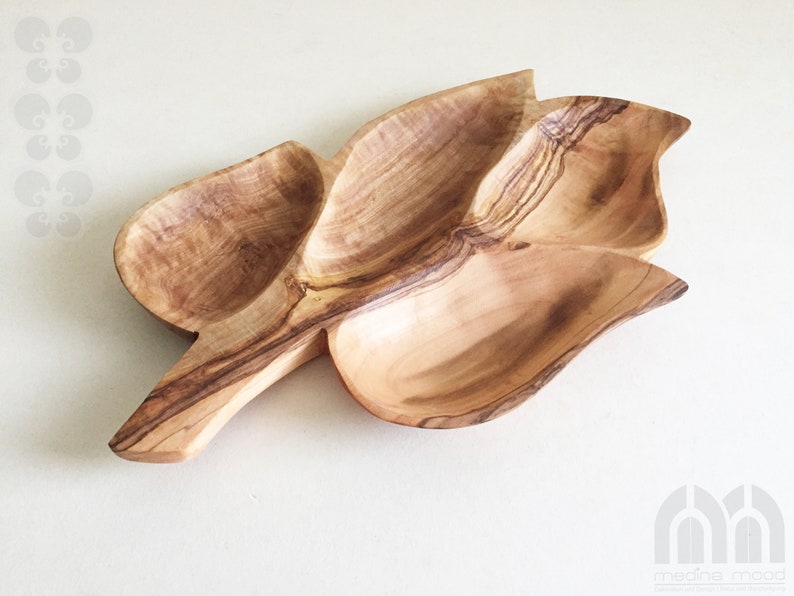 Serving plate 4 compartments in leaf shape, snack plate, nut platter handmade from olive wood image 2
