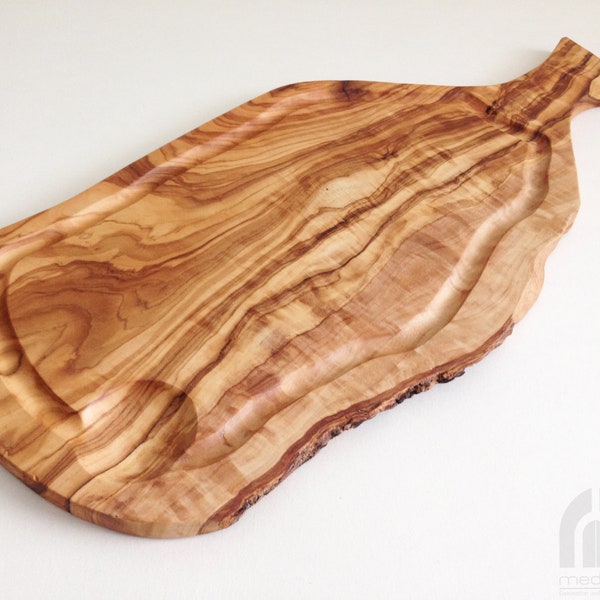 Tagliere con manico e scanalatura, lunghezza selezionabile, piatto da portata, realizzato a mano in legno d'ulivo