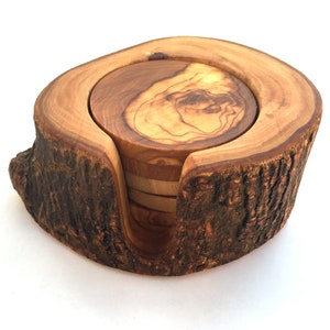 Set of 6 coasters with holder rustic, glass coasters, handmade from olive wood