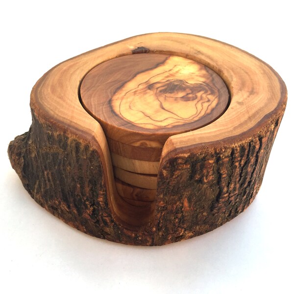 Set of 6 rustic coasters with holder, glass coasters, made from olive wood by hand