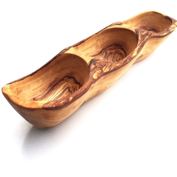 Elongated bowl with 3 compartments, rustic, handmade from olive wood