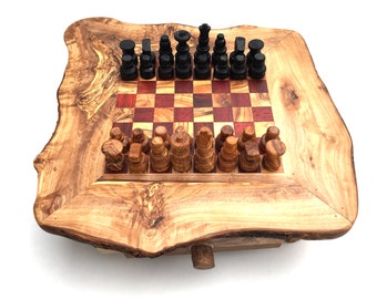 Jeu d’échecs rustique, taille de table d’échecs M y compris pièces d’échecs 32er, fait à la main à partir de bois d’olivier, cadeau d’échecs.