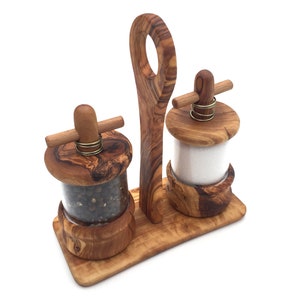 Set of 3 salt and pepper mills with holder, handcrafted from olive wood