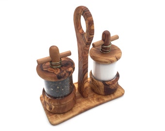 Ensemble de 3 moulins à sel et à poivre avec support, fabriqués à la main en bois d'olivier