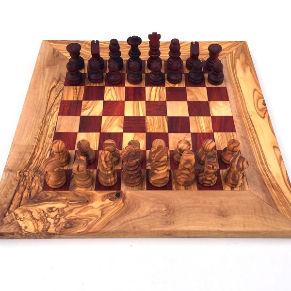 Schachspiel gerade Kante braun/rot, Schachbrett Gr. M inkl. 32 Schachfiguren Handgemacht aus Olivenhoolz, hochwertig, Geschenkidee.