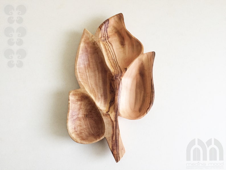 Serving plate 4 compartments in leaf shape, snack plate, nut platter handmade from olive wood image 5