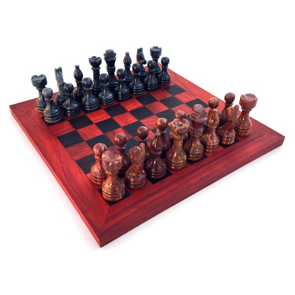 Jeu d'échecs à bord droit, taille d'échiquier au choix, comprenant 32 pièces d'échecs en marbre, fabriqué à la main en bois