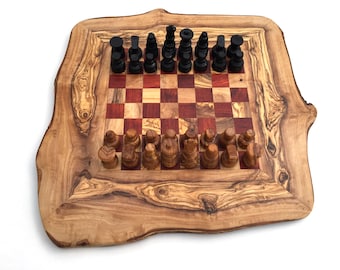 Rustiek schaakspel, schaakbordformaat. M incl. 32 schaakstukken, gemaakt van olijfhout, handgemaakt, schaakcadeau.