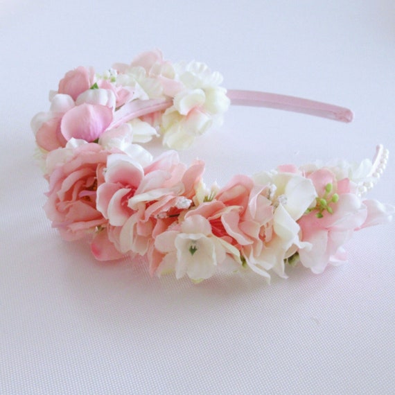 Ivory Satin Hairband Headband Dusky Pink Flowers Bridesmaid Flower Girl