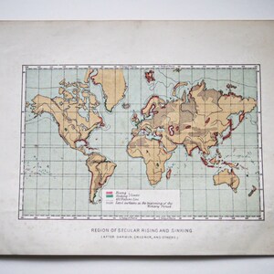 Antike Weltkarte “Region des weltlichen Aufstiegs und Untergangs ( nach Darwin, Credner und anderen) C.1888