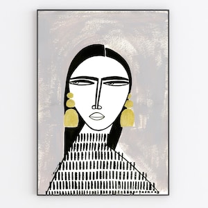 Girl with gold earrings on grey ochre original artwork and hand finished prints by monneeshka
