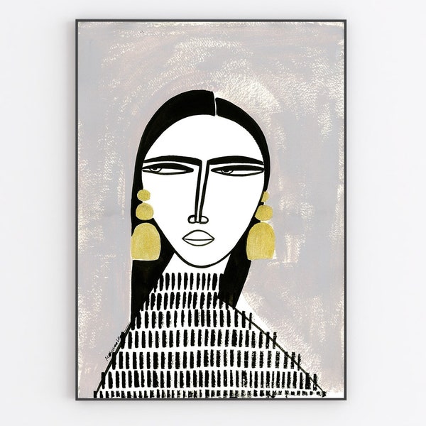 Girl with gold earrings on grey ochre original artwork and hand finished prints by monneeshka