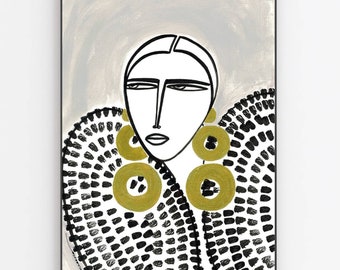 Girl with gold oversized earrings on grey. Original artwork and giglee hand finished prints by monneeshka