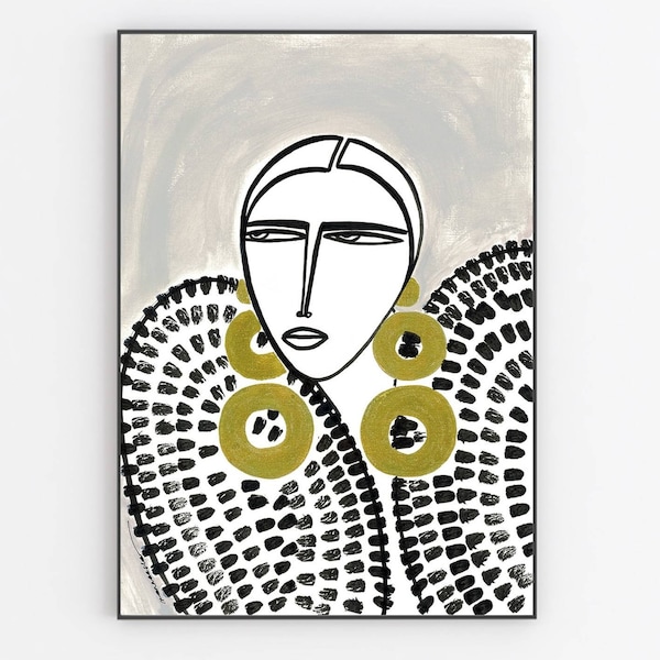 Girl with gold oversized earrings on grey. Original artwork and giglee hand finished prints by monneeshka