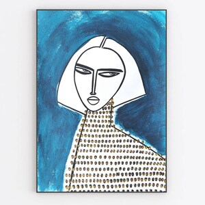 Girl with bob hair on blue- original artwork and hand finished prints  by monneeshka