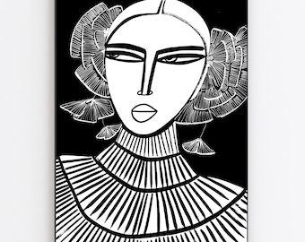 Girl on black with  ginko flowers - original artwork and giclee prints  by monneeshka