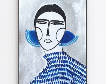Spanish Girl with oversized earrings hair on silver original artwork and prints  by monneeshka