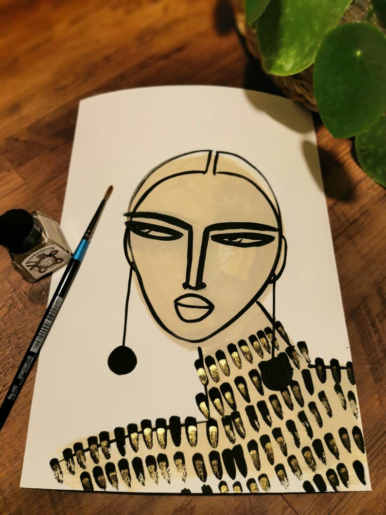 Girl with long earrings on white original artwork and prints by monneeshka image 5