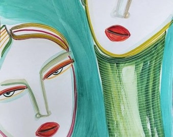 Rainbow girls on green-original artwork on A3 paper by monneeshka