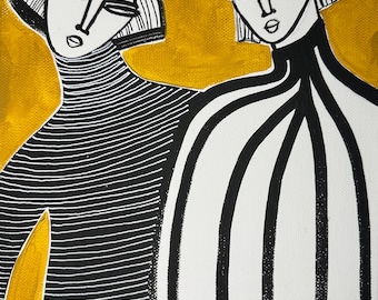 May include: Two stylized figures with black and white striped clothing against a yellow background. The figures have black hair and white faces with black eyes and lips.