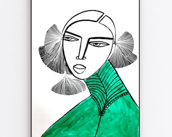 Ginkgo Girl in green - original artwork and giclee prints  by monneeshka