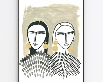 Glam girls with gold oversized earrings on grey . Original artwork and giglee hand finished prints by monneeshka
