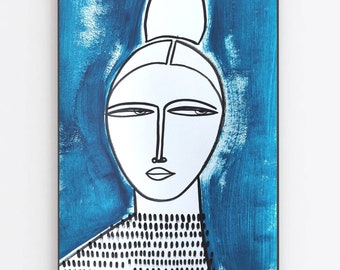 Girl with bun on blue original artwork by monneeshka