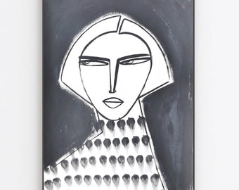 Girl with bob hair on black - original artwork and prints  by monneeshka