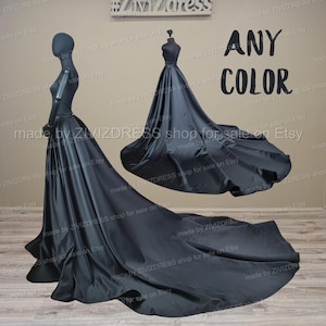 Black satin detachable skirt, black satin train, prom black satin overskirt, detachable black train, gothic wedding black skirt, satin skirt