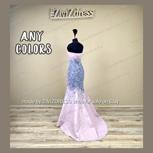 May include: A strapless, floor-length gown on a mannequin. The bodice is a light blue and gray pattern, transitioning to a pink skirt. The text "ANY COLORS" is displayed on the left. The Etsy shop name is visible.