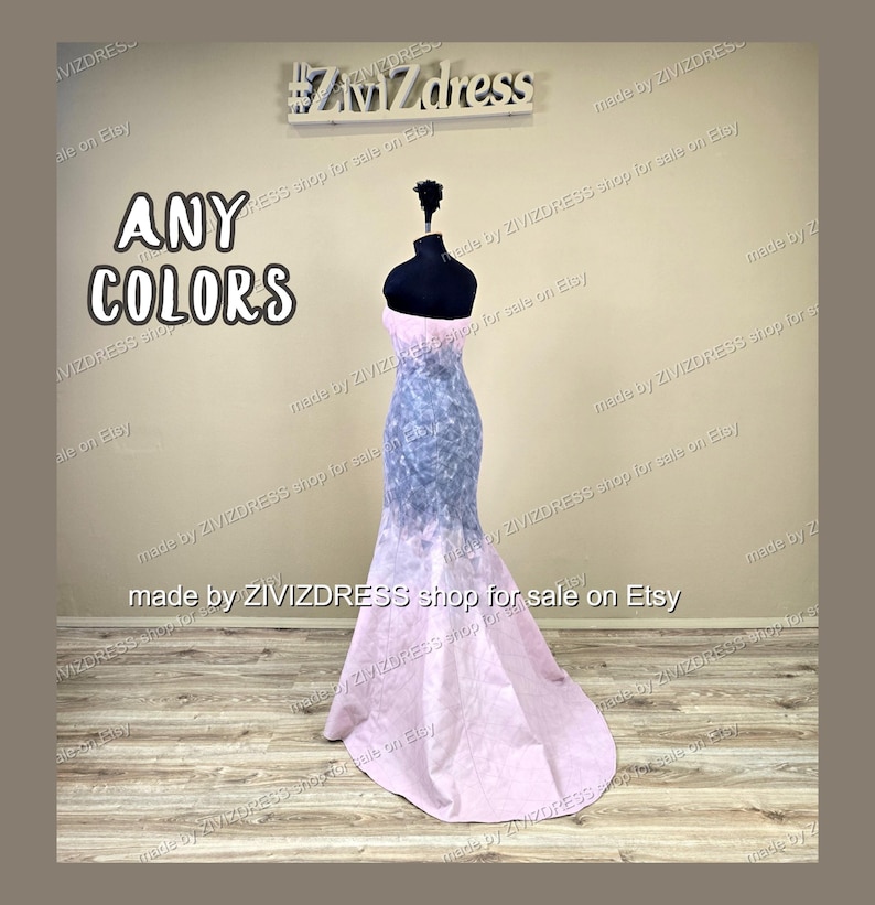 May include: A strapless, floor-length gown on a mannequin. The bodice is a light blue and gray pattern, transitioning to a pink skirt. The text "ANY COLORS" is displayed on the left. The Etsy shop name is visible.