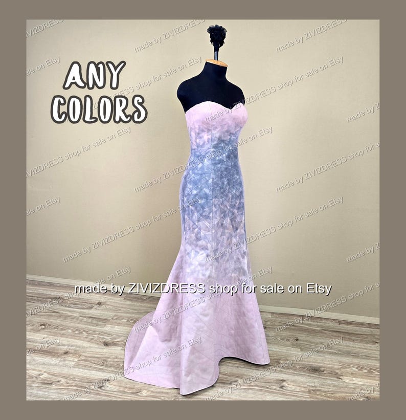 May include: A strapless, floor-length gown in shades of lavender and blue, displayed on a mannequin. The dress features a fitted bodice and a flared skirt. The text "ANY COLORS" is visible in the image.