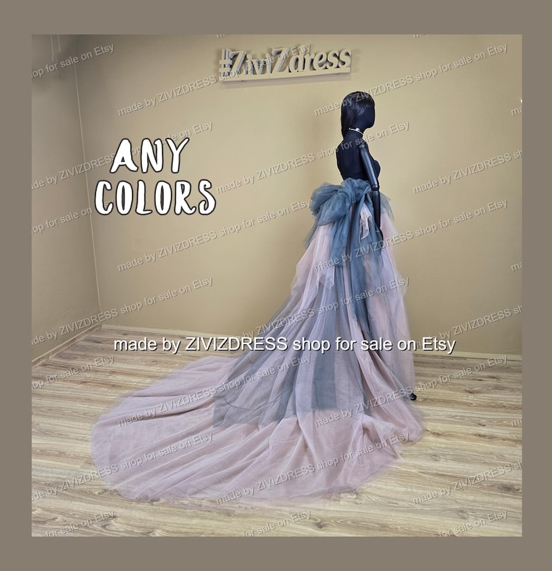 May include: A formal gown on a mannequin, with a layered tulle skirt in pink and blue. The text "ANY COLORS" is displayed. The gown has a long train. The Etsy shop name "ZIVIZDRESS" is visible.