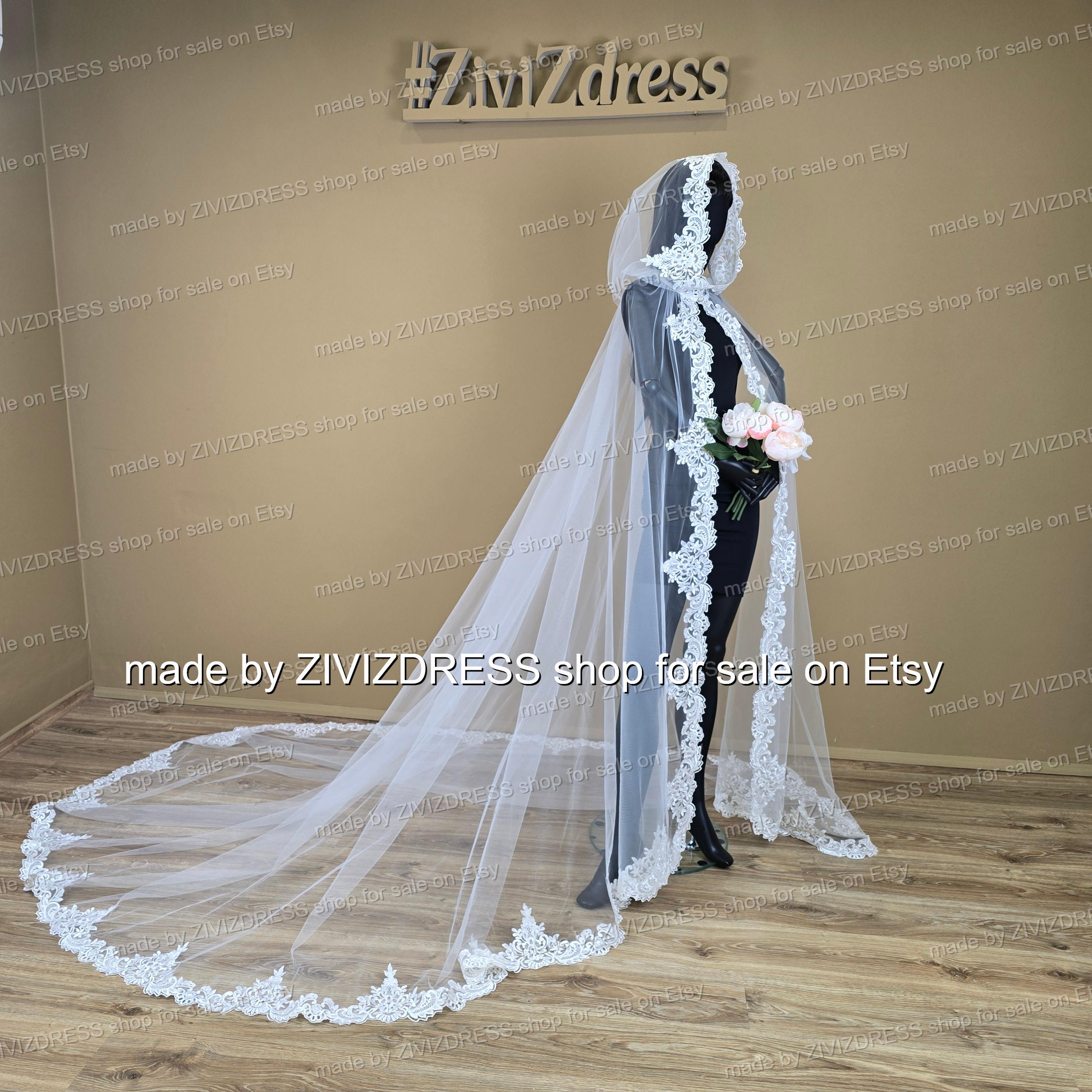 wedding cape veil cover up for bride 120\'\' inches with hole lace edge ivory Wedding Veil Cape with Scallop Lace Edge CF283 main image 4