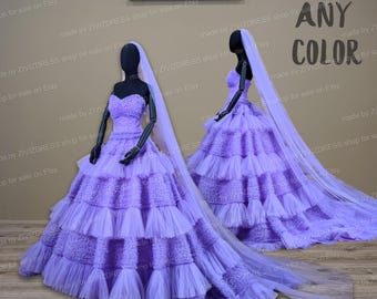 Lavender Tulle Wedding Dress: Lilac Bridal Gown with Veil, Bridals Puffy Princess Gown
