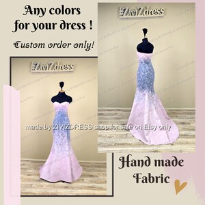 May include: Two mermaid-style dresses on mannequins. The dresses feature a strapless design with a gradient effect, transitioning from blue to pink. The image includes text that reads "Any colors for your dress! Custom order only!" and "Hand made Fabric."