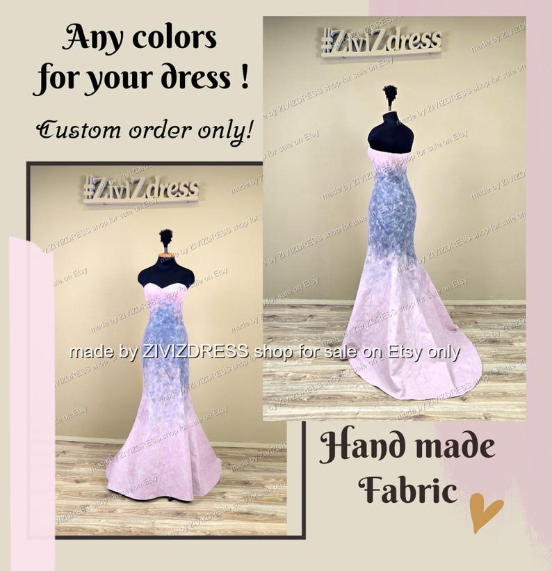 May include: Two mermaid-style dresses on mannequins. The dresses feature a strapless design with a gradient effect, transitioning from blue to pink. The image includes text that reads "Any colors for your dress! Custom order only!" and "Hand made Fabric."