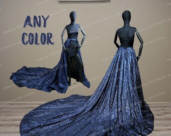 Blue Glitter Detachable Wedding Train Skirt