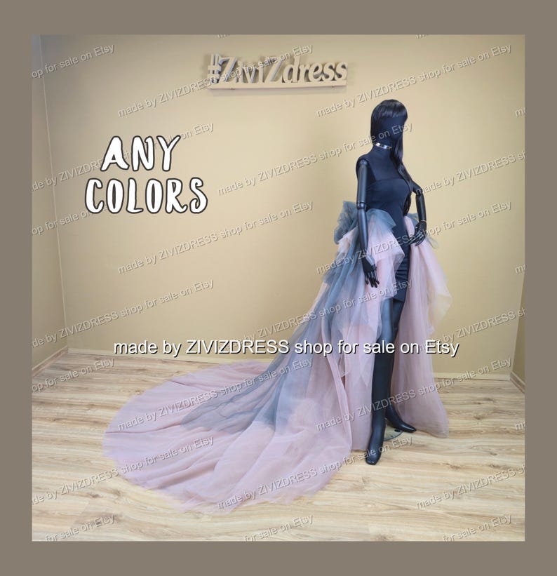 May include: A black mannequin in a layered gown with a long train. The gown has a colour gradient from blue to pink. The image includes the text "ANY COLORS" and "made by ZIVIZDRESS shop for sale on Etsy."