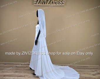 Mantella da sposa in chiffon con cappuccio: chiusura con perline, lunghezza 78"