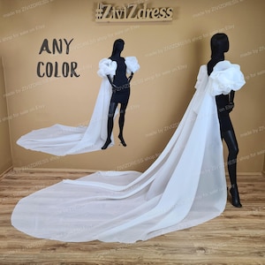 May include: A white tulle train with a long, flowing design. The train is attached to a dress with large, puffy sleeves. The text "ANY COLOR" is visible in the image.