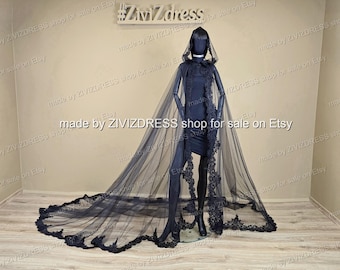 Lace Black Cathedral Cape: Gothic Bridal Hooded Cover