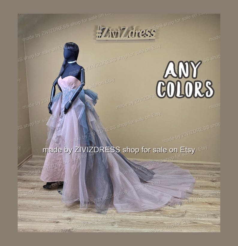 May include: A strapless formal gown in shades of pink and blue is displayed on a mannequin. The dress features a layered skirt and a long train. The text "ANY COLORS" is visible. The Etsy shop name "ZIVIZDRESS" is also visible.